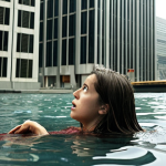**

A person starting a new job, feeling like a "peixe fora d'água" (fish out of water), surrounded by towering office buildings representing the overwhelming feeling of a new company. The scene should convey a sense of being slightly lost but also determined to learn. Use warm, inviting colors, but hint at a feeling of slight anxiety.

**
