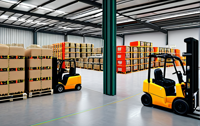**
> Busy warehouse interior. Forklifts moving pallets of beverages (beer, soda, water). Workers scanning inventory. Digital screens displaying sales forecast data and stock levels. Focus on efficiency and technology. Soft, diffused lighting.
**