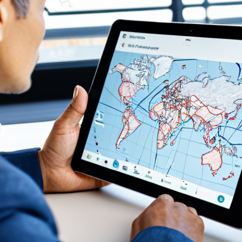 A focused professional, fully clothed in a modest business casual outfit, sits at a clean, modern desk, actively engaged with a tablet. The tablet screen displays an intricate animated diagram illustrating a global logistics network with moving transport vehicles and connecting lines, emphasizing the transition from abstract theory to tangible reality. The setting is a bright, organized home office with natural light. The subject maintains a natural pose with perfect anatomy, correct proportions, well-formed hands, and proper finger count. Professional photography, high quality, vibrant colors, safe for work, appropriate content, fully clothed, family-friendly.