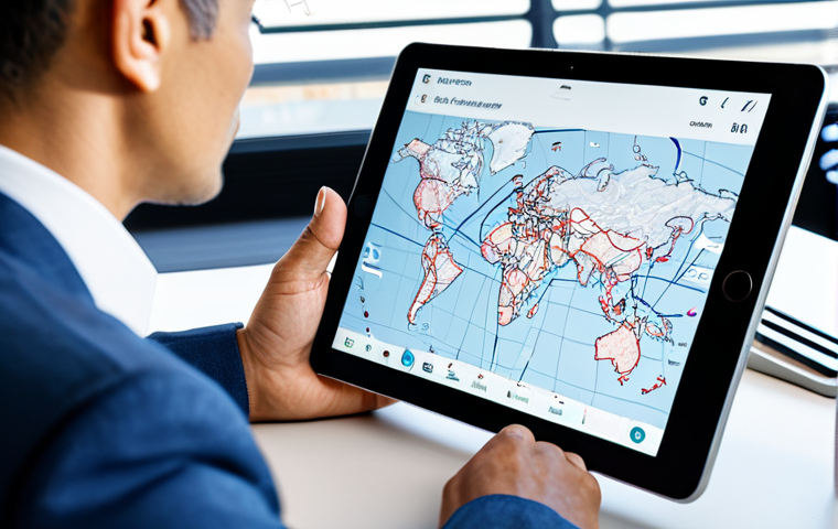 A focused professional, fully clothed in a modest business casual outfit, sits at a clean, modern desk, actively engaged with a tablet. The tablet screen displays an intricate animated diagram illustrating a global logistics network with moving transport vehicles and connecting lines, emphasizing the transition from abstract theory to tangible reality. The setting is a bright, organized home office with natural light. The subject maintains a natural pose with perfect anatomy, correct proportions, well-formed hands, and proper finger count. Professional photography, high quality, vibrant colors, safe for work, appropriate content, fully clothed, family-friendly.