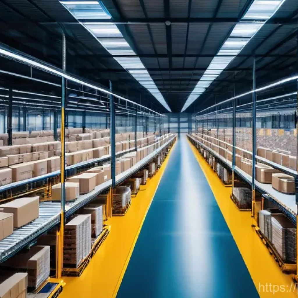 유통관리사 취득 후 스펙 쌓는 방법 - A vibrant, high-tech logistics warehouse located in a modern industrial park in Brazil or Portugal. ...