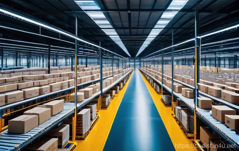 유통관리사 취득 후 스펙 쌓는 방법 - A vibrant, high-tech logistics warehouse located in a modern industrial park in Brazil or Portugal. ...