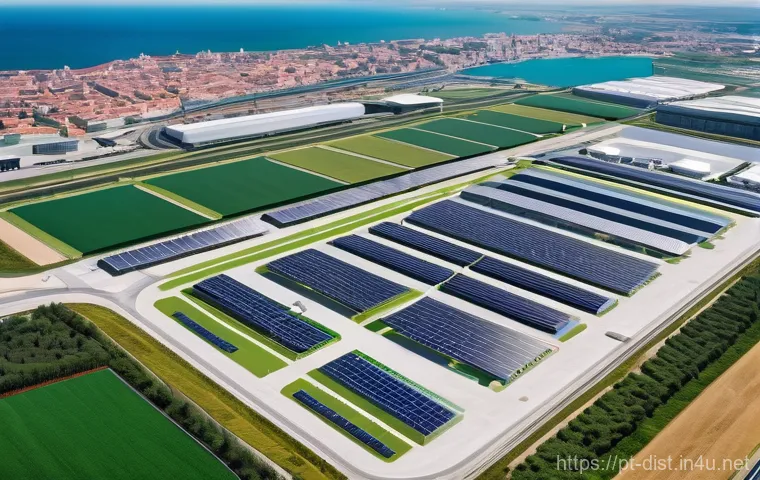 유통관리사 취득 후 스펙 쌓는 방법 - A vibrant, high-tech logistics warehouse located in a modern industrial park in Brazil or Portugal. ...