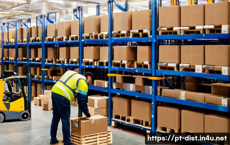 유통관리사 자격증 취득 시 실무 적용 방법 - **Prompt:** A bustling, modern warehouse in the outskirts of Lisbon during the daytime. Forklift tru...