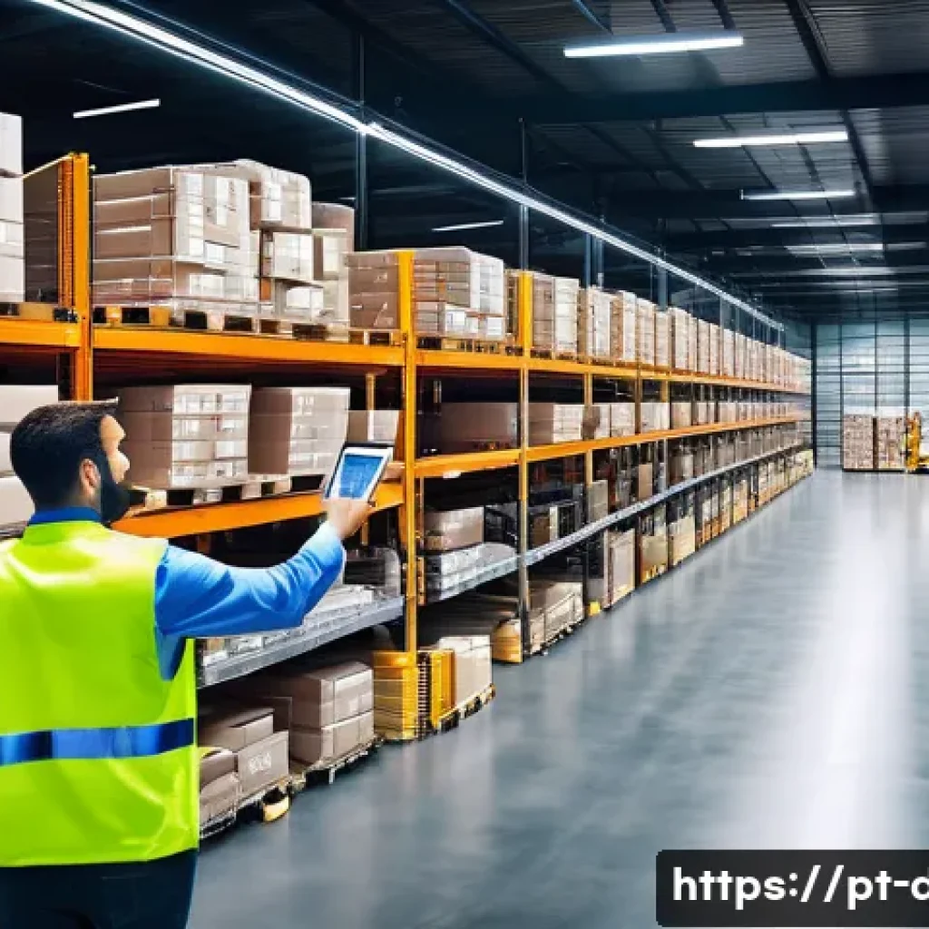 유통관리사 취득 후 실무 교육 과정 - A modern warehouse interior bustling with activity, showing diverse logistics professionals wearing ...