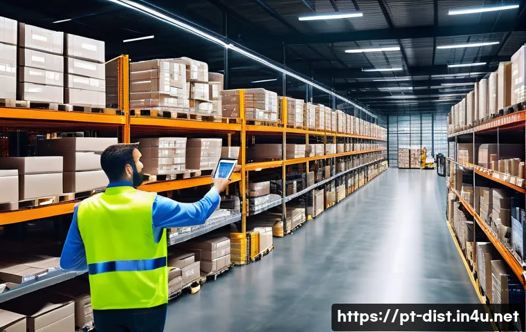 유통관리사 취득 후 실무 교육 과정 - A modern warehouse interior bustling with activity, showing diverse logistics professionals wearing ...