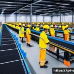 유통관리사와 창업 아이디어 연결 - A modern warehouse interior showcasing an advanced automated logistics system with robotic arms sort...