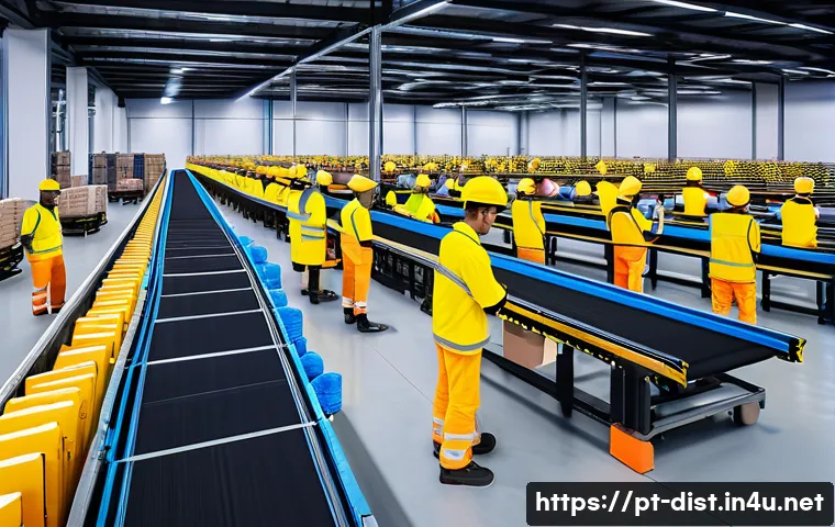 유통관리사와 창업 아이디어 연결 - A modern warehouse interior showcasing an advanced automated logistics system with robotic arms sort...